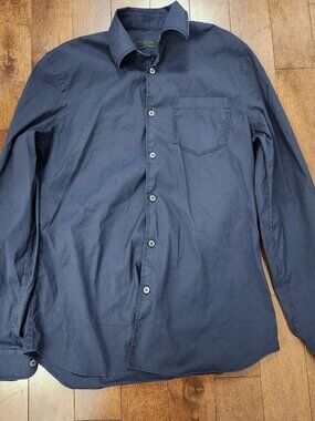 Prada men's navy blue long sleeve button up dress shirt in size 37 14.5